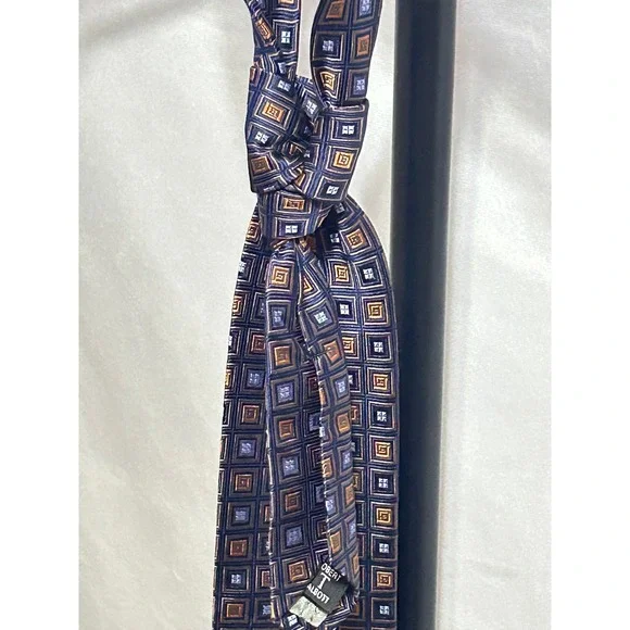 Robert Talbots Navy Blue Orange Geometric Square Pattern Silk Mens Tie